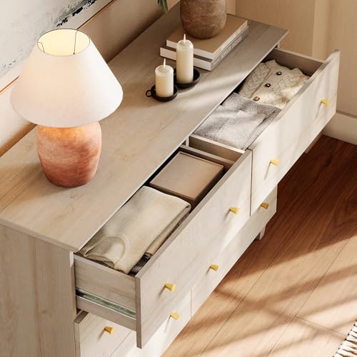 Image of WAMPAT 6-Drawer Dresser for Bedroom, Modern Chest of Drawers with Gold Knobs, 47.2 Inch Wide Light Oak Wood Finish Storage Organizer for Kids Room, Living Room, Nursery