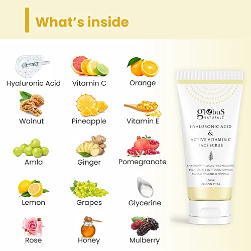 Image of Globus Naturals Hyaluronic Acid & Vitamin C Anti Ageing Face Scrub, Enriched with Rose & Glycerine, Skin Lightening & Brightening Formula, 100 gm