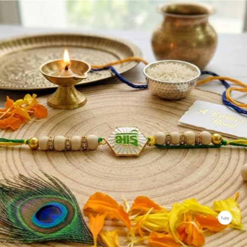 Image of Original Tulsi Rakhi for Brother | Handmade Natural Tulsi Beads Rakhi | Sacred Raksha Bandhan Rakhis for Boys | Traditional Spiritual Rakhi Gift
