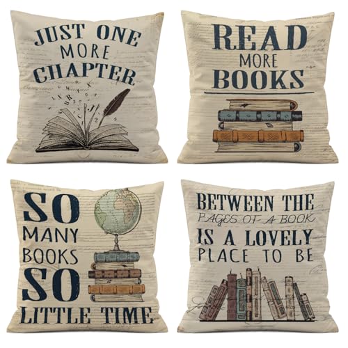 ISANOU Reading Nook Decor,Vintage Book Theme Throw Pillow Covers 18x18 Set of 4,Cozy Reading Corner...
