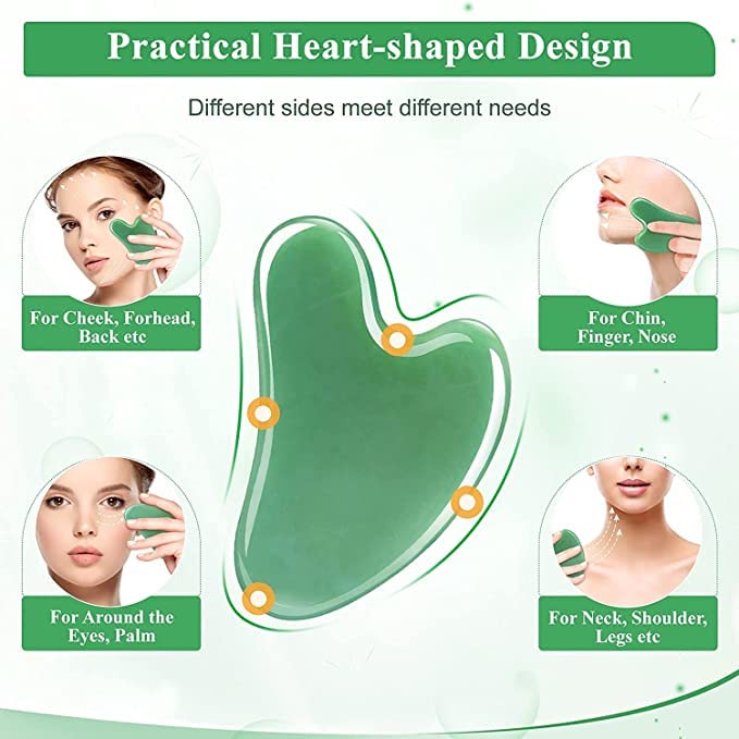 Natürliches Gua Sha Stein Jade 100% Natur-Stein Herzform Kratz-Massage Tool für Gesicht, Augen, Hals zur Hautpflege, Schönheit und Entspannung der Körpermuskulatur (Grün) - Image 3