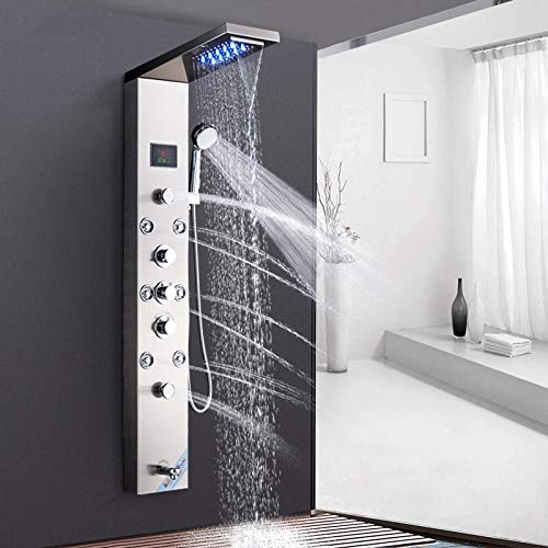 Stainless Steel Shower Panel with LED Rainfall Waterfall Shower Head Ceramic Valve Water Mixer Tap for Luxurious Bathroom Experience