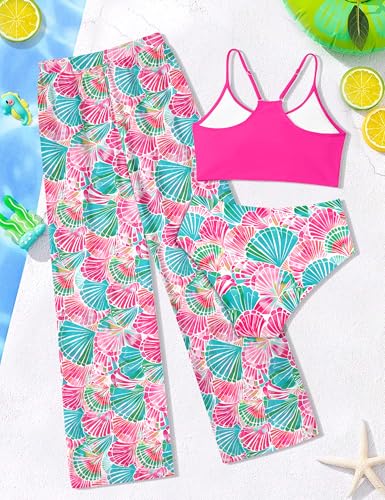 Image of NECIOUS Girls Swimsuit, 3 Piece Bikini Bathing Suit Tropical Floral Swimwear with Cover Up Pants 7-16Y
