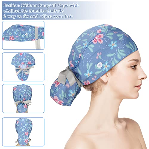 Image of Honoson 6 Pcs Scrub Caps Women with Buttons | Adjustable, Bouffant Surgical Caps, with Ponytail Holder, Cotton Nurse Hats