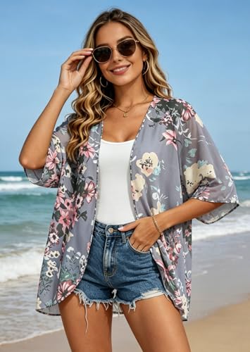 Image of FINOCEANS Womens Floral Chiffon Kimono Cardigans Loose Beach Cover Up Half Sleeve Tops