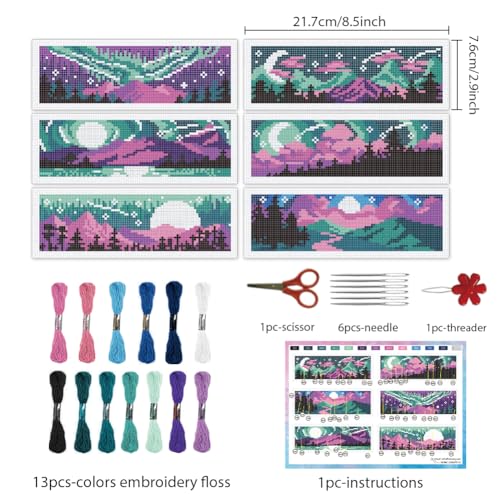 Image of INFUNLY 6PCS Night Sky Cross Stitch Bookmark Kits 3x8.5inch Horizontal Landscape Stamped Embroidery Page Marker DIY Starry Night Needlepoint Bookmark Kit for Book Lovers Writers Gift