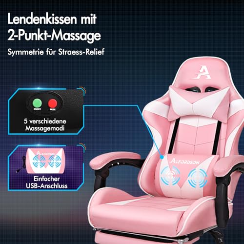 ALFORDSON fotel do gier, ergonomiczne krzesło biurowe, masażer, chowana podpórka na nogi, skóra PU, regulowana wysokość i nachylenie, ładowność 180 kg, kolor różowy