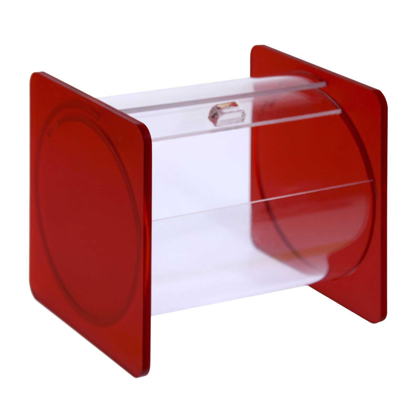 Portacaramelle confezionate sezione circolare in plexiglass trasparente e con pannelli laterali in plexiglass satinato ROSSO - Misure totali: L 15 x P 14 x H 14 cm