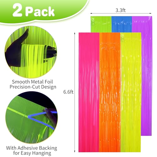Image of Glow in The Dark Tinsel Curtains 2 Pack - 3.3x6.6ft UV Reactive Fluorescent Party Backdrop for Neon, Birthday, Pride Decorations, Pre-Taped, Lightweight Waterproof