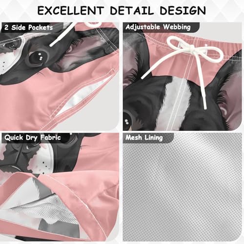 Pigsaly Boys Swim Trunks Cute Black White French Bulldog Pink Boys Board Shorts Swimsuit Swimwear Summer Bathing Suit S3