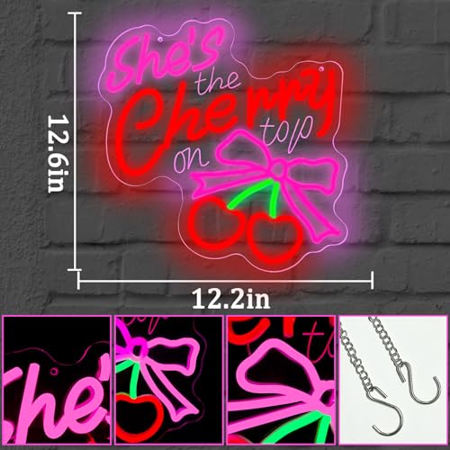 ShShe's The Cherry on Top Neon Sign Cherry Neon Light for Wall Decor Dimmable Pink Bow LED Sign for Bachelorette Party Bridal Shower Wedding Baby Shower Decor Gift for Girls Women by Taaneyo - Used condition - Image 2