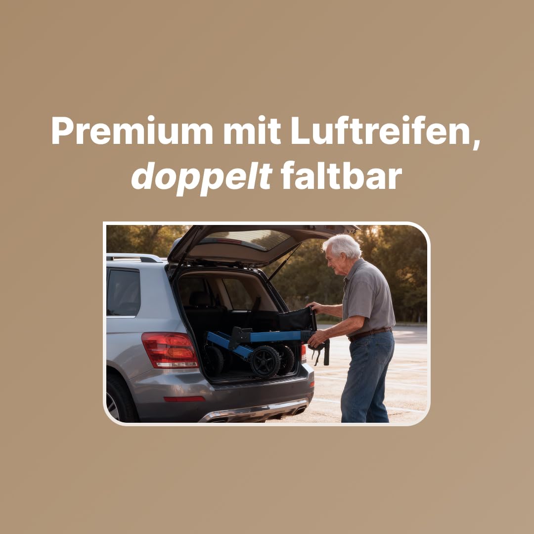 Luxo Air Rollator - Leicht & 2-fach faltbar – Mit Luftreifen, integriertem Bremssystem, gepolsterter Sitz- und Rückenlehne, Tasche, Stockhalter - 7,1 kg - Gehhilfe für Senioren - Champagner