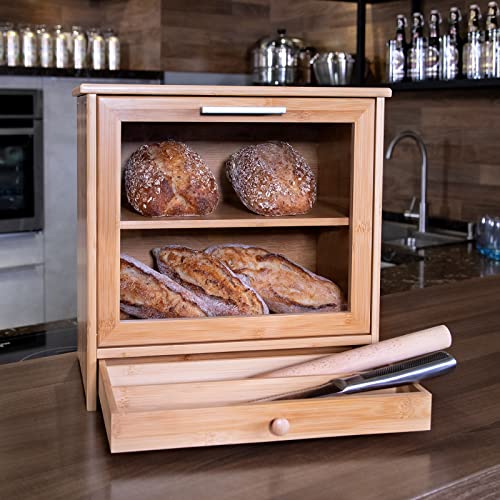 Merysen Large Bamboo Bread Box For Kitchen Countertop, 2 Layer Bread Storage Bin Comes With Clear Front Window And Tool Drawer, Farmhouse Style Bread Bin For Kitchen Counter #TOP4