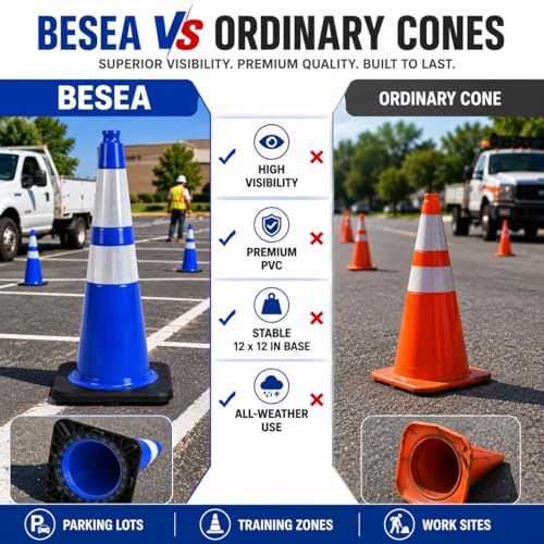 Image of BESEA 4 Pack 28 Inch Blue Traffic Cones with Wide Weighted Base