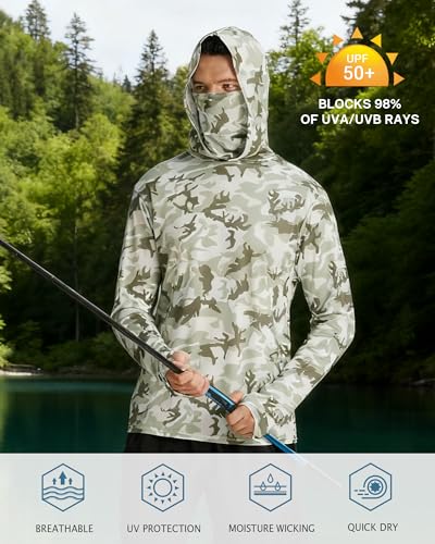 Image of FISHEAL Men's Performance Fishing Hoodie Shirt - UPF 50+ Sun Protection Long Sleeve Thumbholes Shirts with Neck Gaiter