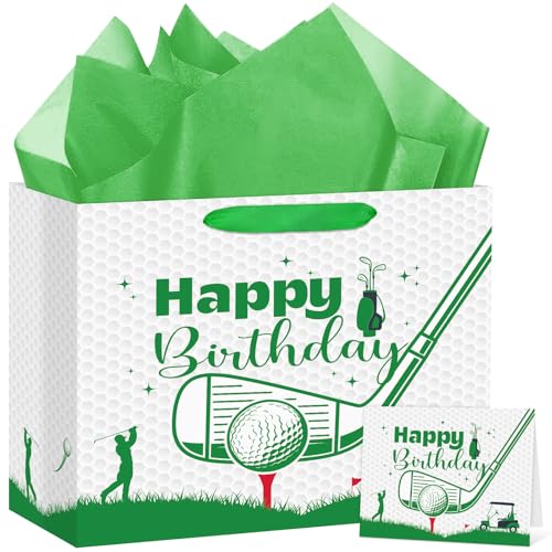 Hooqict Golf Gift Bag Happy Birthday Party Gift Bag With Handles, Wrapping Paper, Greeting Card For Boys Kids Men Golf Themed Birthday Decorations Sports Party Supplies