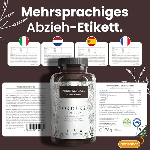 PURETANICALS Omega 3 + Vitamin D3 + K2 MK7 All-Trans | 240 Kapseln hochdosiert Premium Essentials O3-D3-K2 - Fischöl mit essentiellen EPA & DHA Fettsäuren | Fisch Öl Omega3 Fish Oil Tropfen Drops