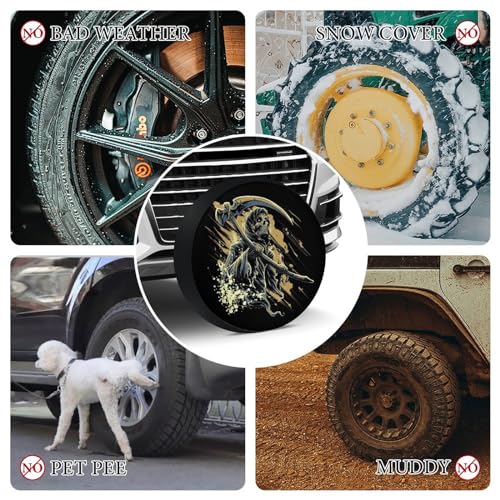 Image of Black Grim Reaper Spare Tire Cover Skull Skeleton Wheel Tyre Covers Travel Trailers Protectors Weatherproof Dust-Proof for Camper Trailer Truck Rv Universal 28inch