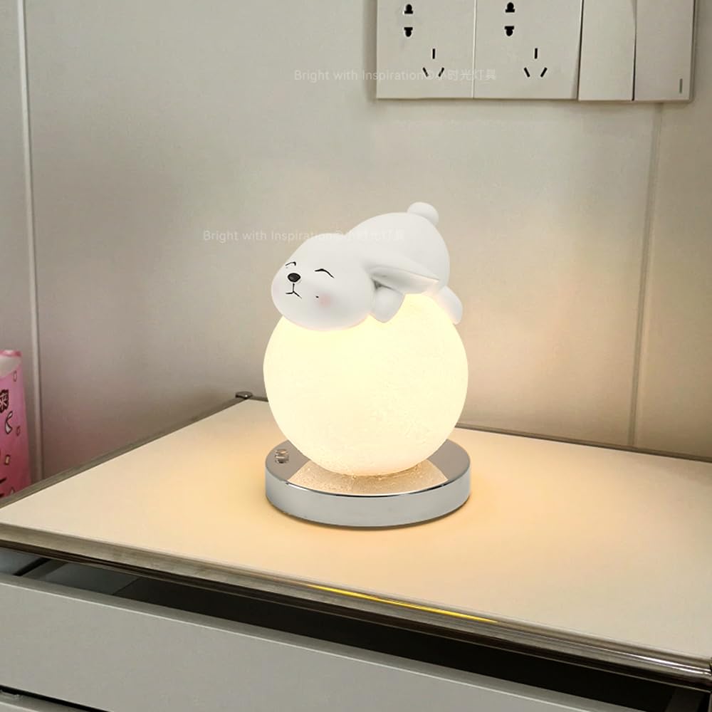 QYYZTQY śliczny królik zwierzę lampa stołowa na biurko mały okrągły stół dla dzieci lampa do sypialni niedźwiedź róża noc światło księżyc globus łóżko lampka nocna do pokoju dziecięcego sypialnia