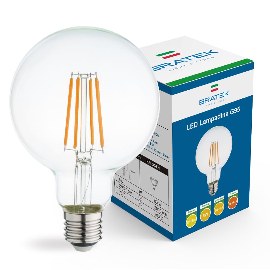 Bratek Lampadina Led E27 Luce Calda Vintage 3000k 8w 880 Lumen - Lampadina Globo Vintage E27 Filamento Led Trasparente Equivalente 90w a Incandescenza o 80w Alogena