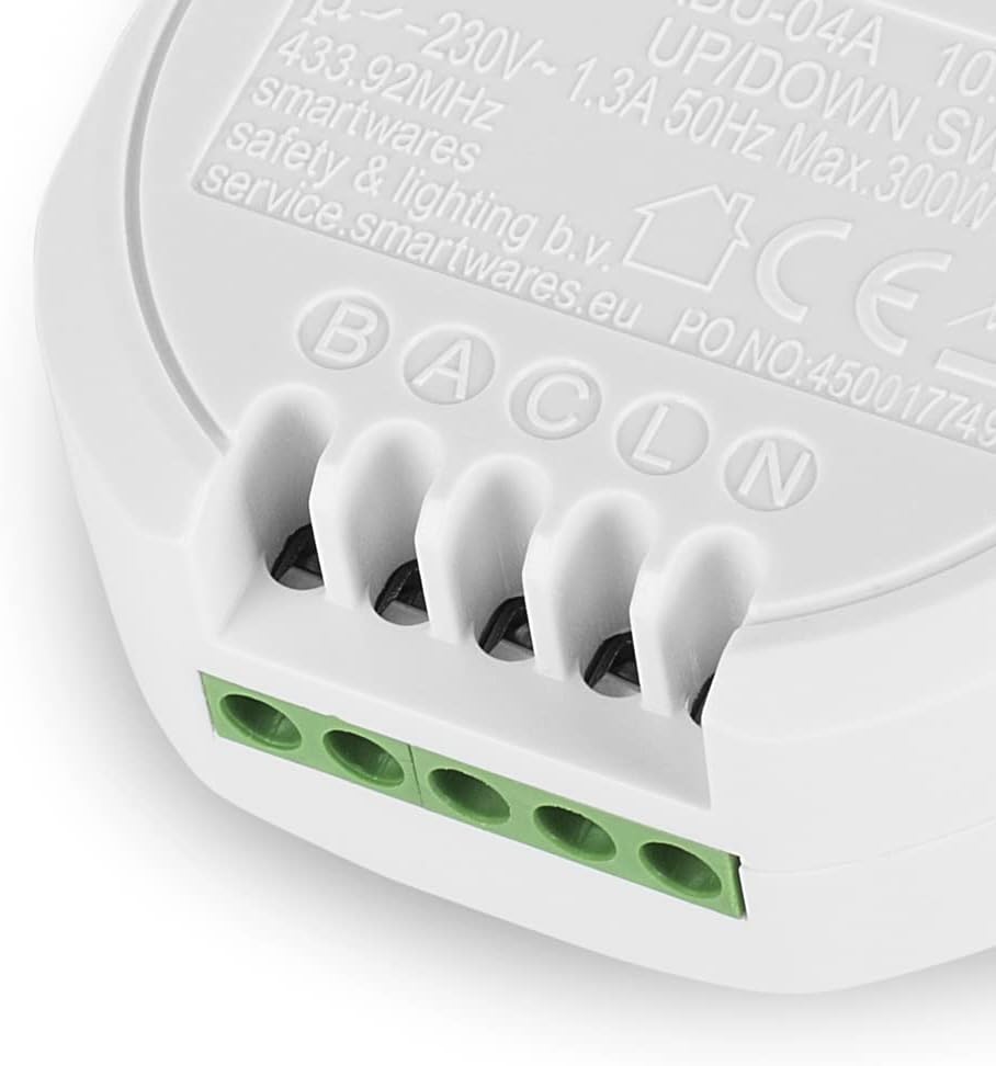 Close-up of Smartwares SH4-99559 switch terminals labeled B, A, C, L, N