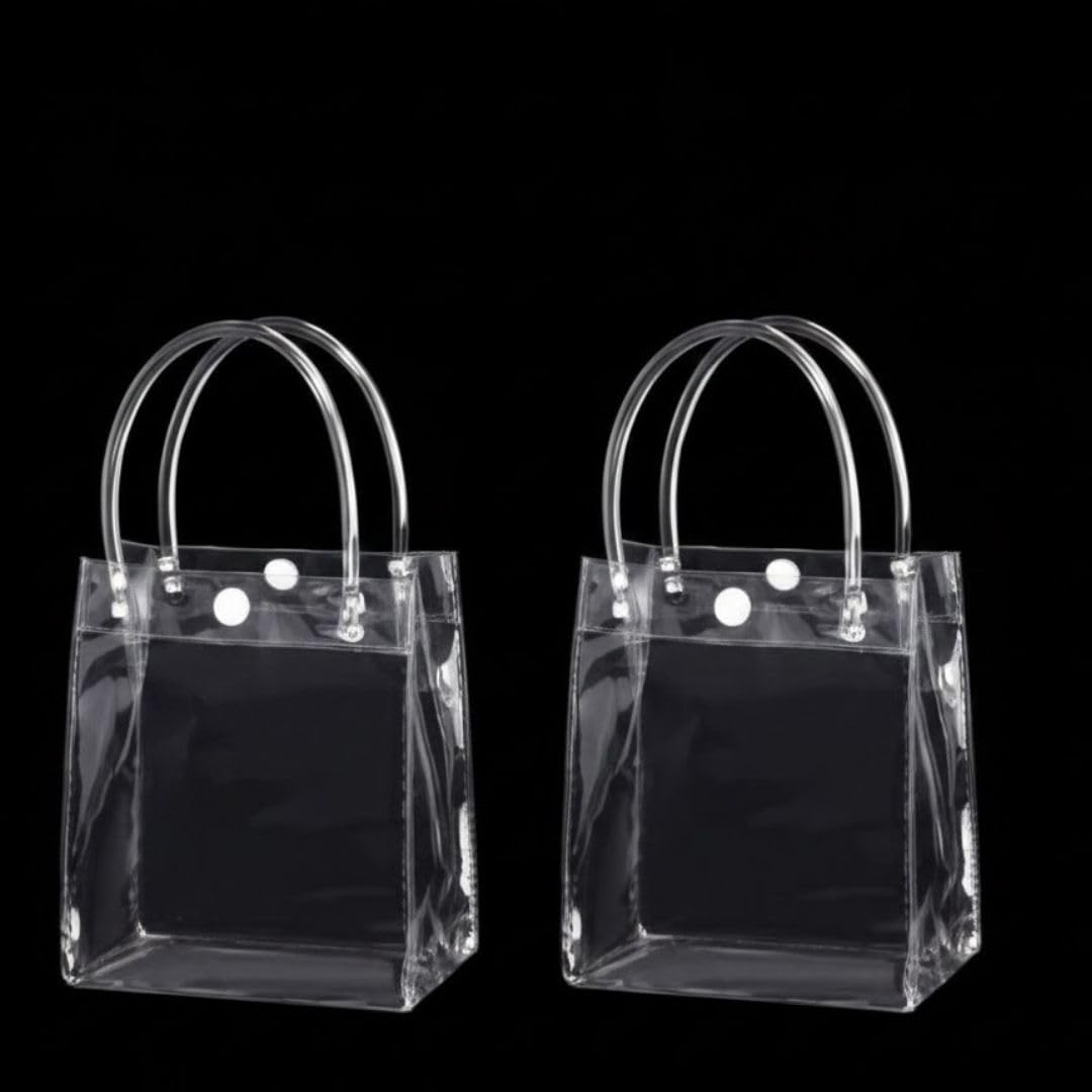 SATYAM KRAFT 6 Pcs small Transparent Bag Goodie Bags With Handle Gift bag, Carry Bags, Shopping Gift Bag, Gift for Valentine Gifting,Presents,Wedding Return Gifts,Birthday,Party Gift (Small) (Pack of 6) (18 cm H)