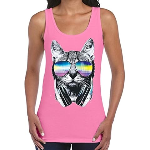 Raxo Women's Cat Sunglasses Headphones Tank Top Music Party Animal Lover Tank M Pink Cover