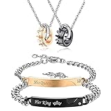 Flongo カップルネックレス レディース メンズ ブレスレット ペアリング 4点セット His queen Her King 恋人 ファション ロマンチック バレンタインデー クリスマス プレゼント 誕生日 記念日（ブラック/ピンクゴールド）