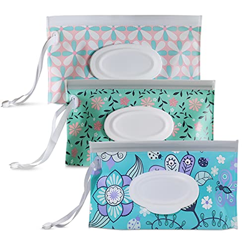 Image of Portable Wet Wipe Pouch [3-Pack] – Entyle Reusable & Refillable Baby Wipe Dispenser, Eco Friendly Travel Diaper Wipe Carrying Case Holder for Travel-Pouch Carries (Flower)