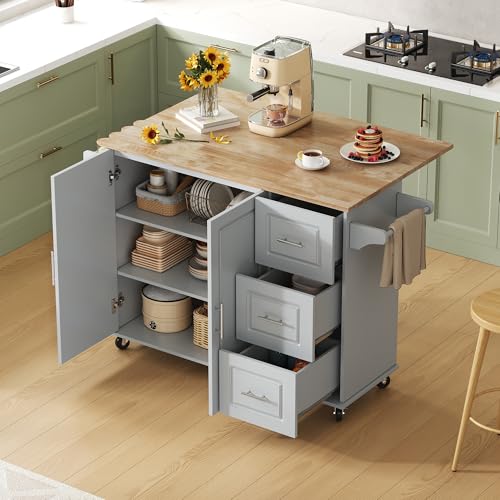 PUGSDRLY Îlot Central Cuisine avec Plan de Travail Rabattable, Desserte Cuisine sur roulettes avec 2 Portes et 3 Tiroirs, Meuble Cuisine avec...
