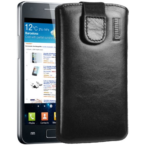 mumbi Bolso de Cuero Real Compatible con Samsung Galaxy S2 i9100, (Pestaña con función de retracción, Auxiliar de extracción), Negro