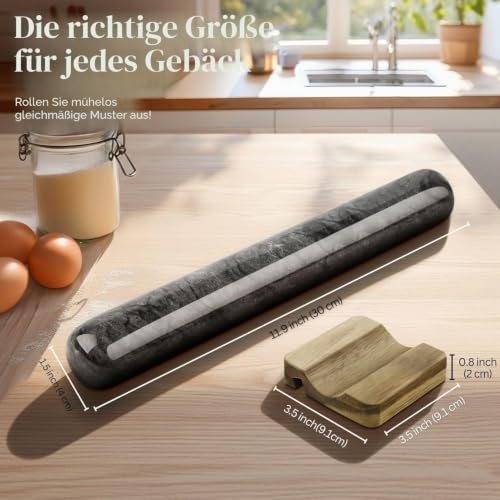 Flexzion Französisches Marmor-Nudelholz, 30,5 cm schwarzes Marmor-Nudelholz zum Backen mit Holzständer – Antihaft-Teigroller für Fondant… – Ansicht 6