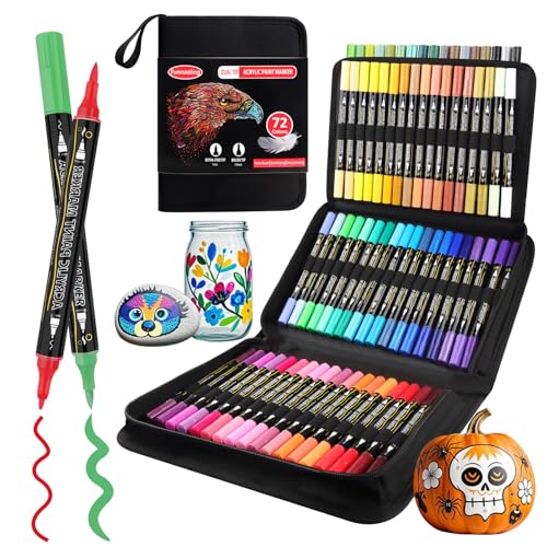 Funnasting rotuladores acrilicos, 72 colores de doble punta, rotuladores de vidrio con punta de pincel y punta fina, bolígrafos de pintura para rocas, madera, lienzo, piedra, superficies de