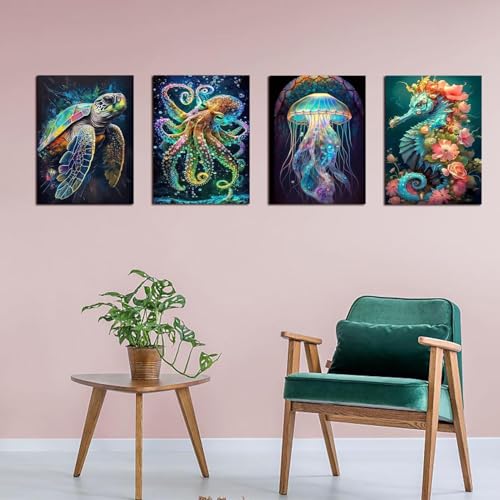 Image of 4 Pack Stamped Cross Stitch Kits for Adults - Cross Stitch Kits for Beginners,11 CT Ocean Animal Cross Stitch Patterns Dimensions DIY Counted Cross Stitch Kits for Adults Arts Craft 12x16 inch