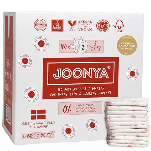 Image of Joonya Baby Diapers, Size 2 S (7-13 lb) - 6 Bags of 30 (180) - Non Toxic, Eco-Friendly, High Absorbency, Overnight Use, Ultra Slim & Soft - Made in Denmark