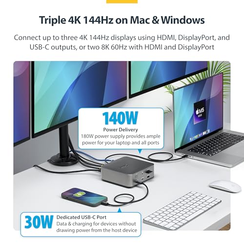 StarTech Thunderbolt 5 Dock, Dual 8K 60Hz, Triple 4K for Windows, Up to Dual 6K 60Hz for Mac - TB5 & USB4 Docking Station with 120Gbps max Transfer, 140W PD, 30W Phone, USB 10Gbps - Image 5