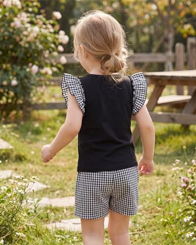 Image of Girls 2 Piece Summer Outfit Cotton Ruffle Sleeve Top Gingham Plaid Shorts Casual Clothes Short Sets Size 5-10