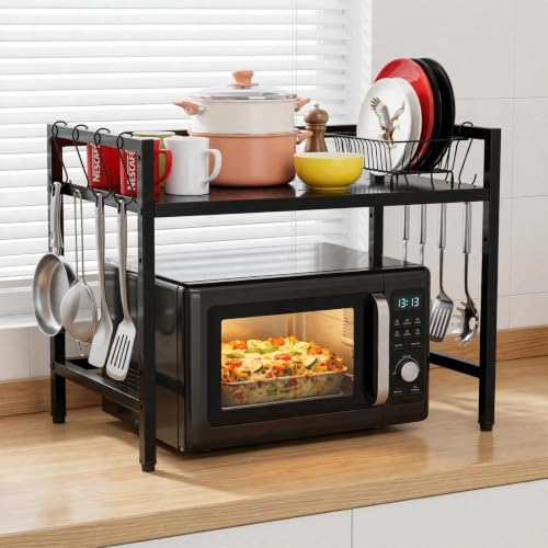 Image of Zeroway Metal Adjustable microwave stand kitchen platform 2-Tier Microwave Oven Rack Organizer Stand with 4-Hooks Multipurpose Countertop Storage oven stand kitchen 7-tank Powder Coated- Black