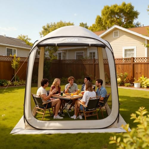 VEVOR 6 x 6 ft Pop up Screen House Tent, 4-6 Person Portable Screen Gazebo, with Carry Bag, Netting Sides & Ground Stakes, Quick Setup, Screened Canopy for Garden, Patio & Backyard, and Outdoor, Beige