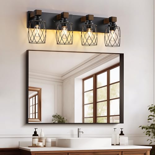 Image of Farmhouse 4-Light Wood Bathroom Vanity Light, Black Metal Cage Shade | Mounted Over Mirror, Industrial Rustic Style, Ideal for Bathroom, Bedroom, Hallway & Living Room, Easy To Install
