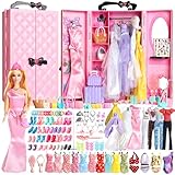 UCanaan Set di 180 capi di abbigliamento per bambole con accessori, abiti da principessa, vestiti, top, pantaloni, scarpe e appendiabiti, set completo di guardaroba per bambole, ideale per bambini dai