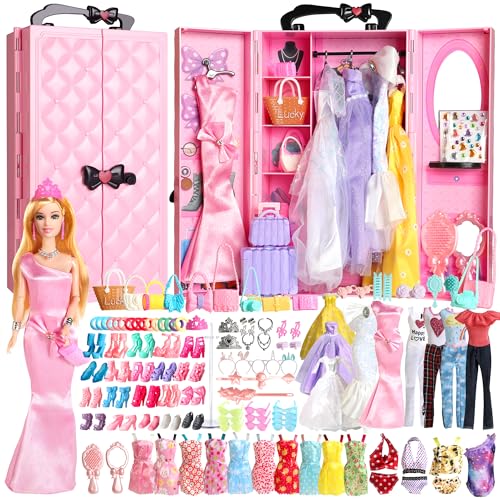 UCanaan 180 Pcs Doll Clothes and Accessories Set, Princess Gowns, Dresses, Tops, Pants, Shoes, Hangers, Fashion Doll Wardrobe, Ages 3+ Best Gitfs for...