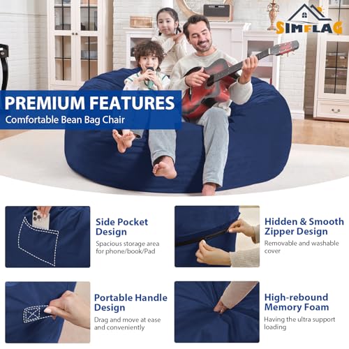 4FT Bean Bag Chair, Large Bean Bag Chairs with Memory Foam Filled, Fluffy Beanbag Sofa with Dutch Velvet Cover, Round BeanBag Chairs for Living Room, Playroom - Blue