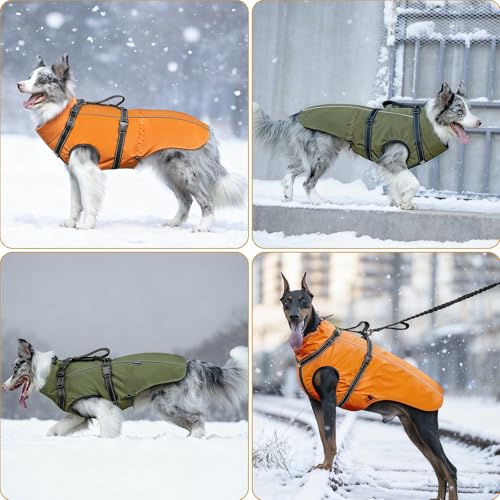 OneTigris Hundejacke, Wasserdichter Winterweste Jacken Hundemantel Mit Bediengriff, Bequeme Ausscheidung, Reißverschluss und Elastisches Design, Einfaches An-und Ausziehen, Reflektierend,M,Armeegrün