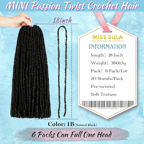 Mini Passion Twist Crochet Hair for Black Women-18 Inches 6 Packs Natural Black Pre Twisted Elastic and Cuttable Hair Extensions,Braided by Soft Synthetic Twist Bohemian Curl(18"-6P,1B)