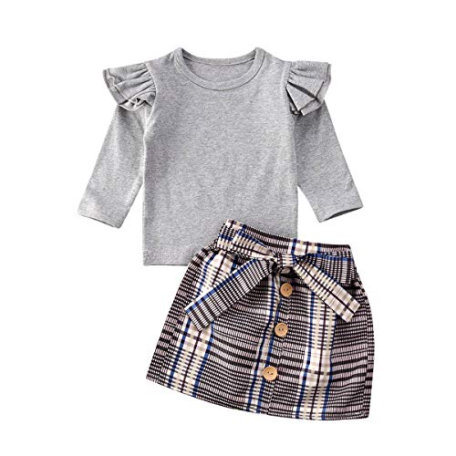Toddler Baby Girls 2PCS Skirt Set Ruffle Long Sleeve T-Shirt Tops Plaid Button Mini Dress Outfits Fall Clothes Set (Button Plaid Skirt, 1-2 T)