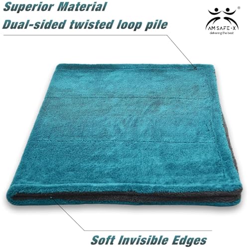 Image of AM Safe-X Microfiber Cleaning Cloth 1200 GSM - 40x40 cm Twisted Loop Microfiber Cloth, Super Absorbent Towel Lint-Free Design for Car Drying, Washing, Polishing & Detailing -Aqua /Grey (1 Pc)