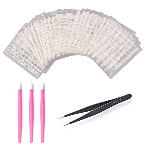 WOKOTO 30 Sheets Random Pattern White Nail Water Decals Lace Nail Transfer Stickers Kit With 1 Pcs Anti-Static Tweezers And 3 Pcs Random Color Nail Art Stick Cuticle Pusher