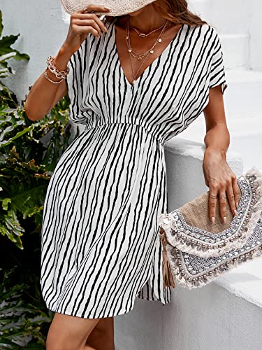 Image of CUPSHE Women's Swimsuit Coverup Casual V Neck Beach Dress Short Sleeve Elastic Waist Swimwear Cover Ups 2026 Beachwear
