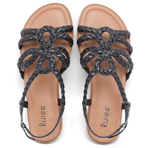 Image of Ruiee Wide Width Sandals for Women, Summer Flat Slides Casual Braided Wide Feet Sandal Comfort Slip on Sandals Open Toe Beach Shoes for Women.